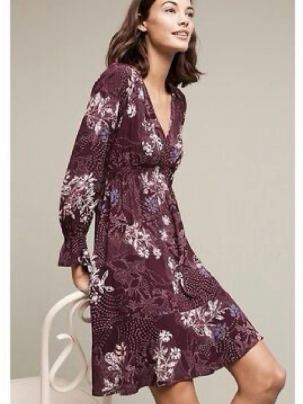 Maeve Plum Floral V-Neck Long Sleeve Dress